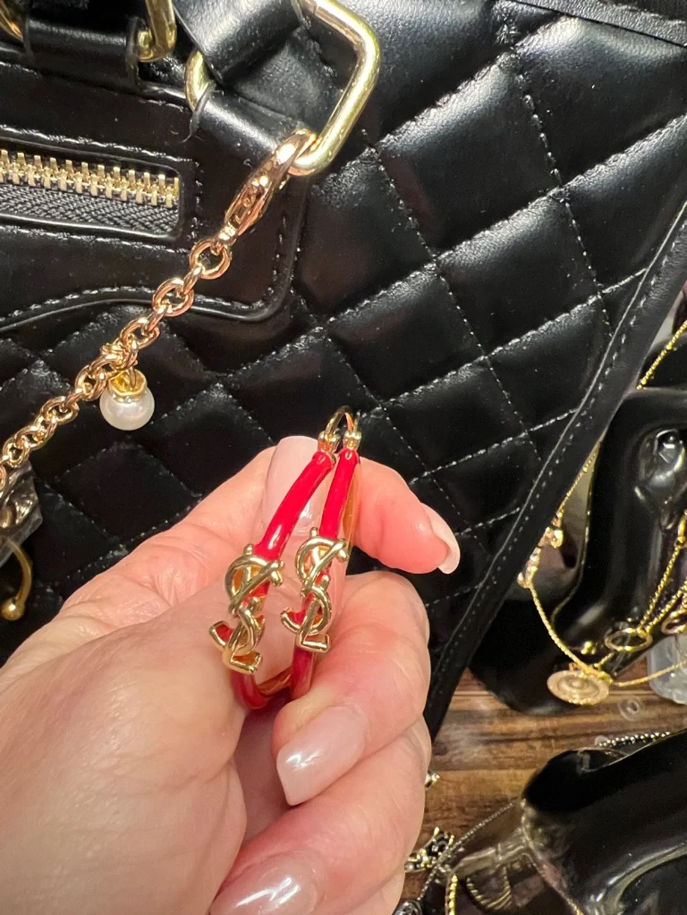 Gold Emblem Red Enamel Hoop Earrings - Picture 9 of 10